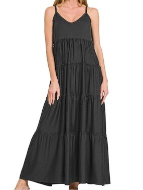 V-Neck Cami Maxi Tiered Dress with Side Pockets in Black